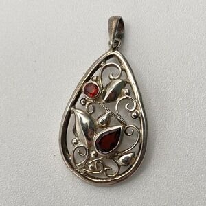 PTI 925 Sterling Silver Pendant Vintage Nepal Red Garnet 1.25"